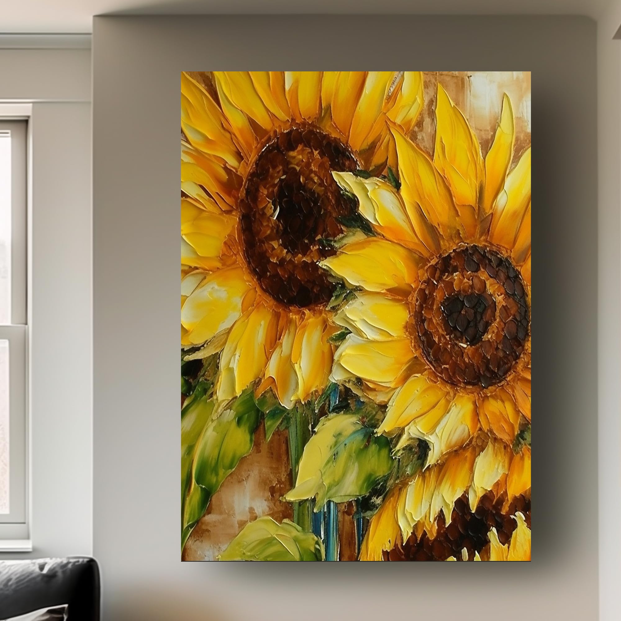 油絵 絵画 【sunflower】 Abstract Sunflower Original Oil Painting, Yellow Flowers Painting